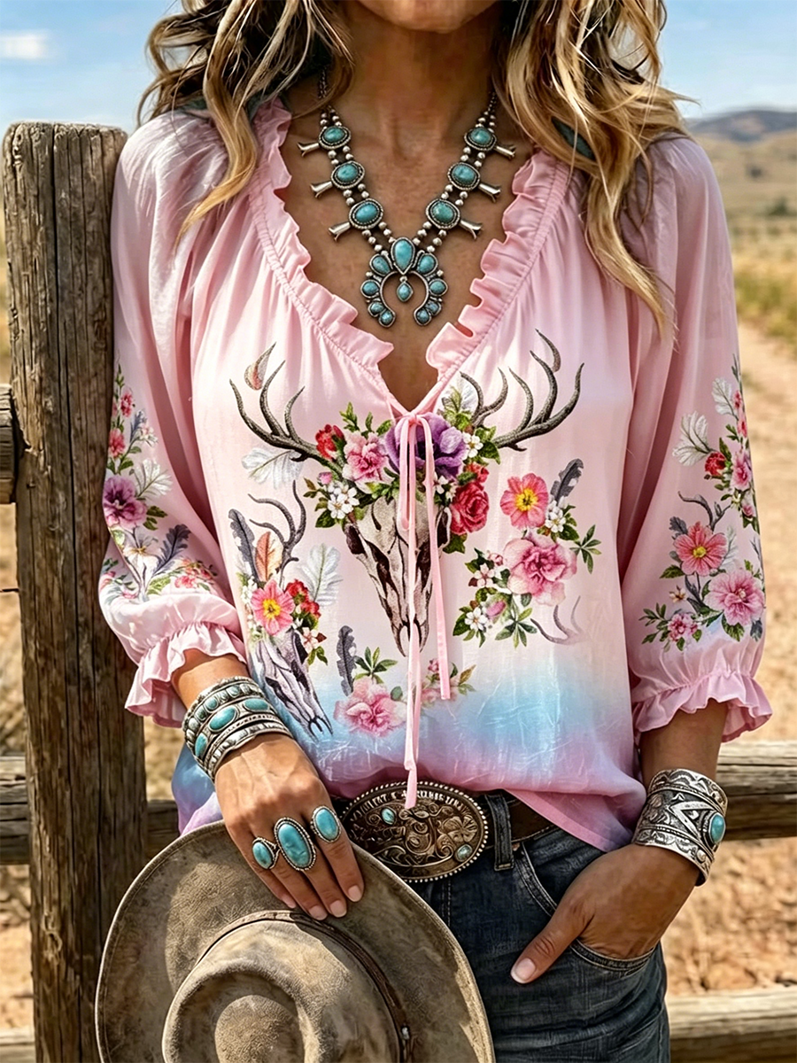 Women's Deer Skull Floral Print Ruffle V Neck 3/4 Sleeve Western Boho Blouse