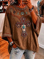 Ladies' Retro Western Style Cross Faith Loose Top