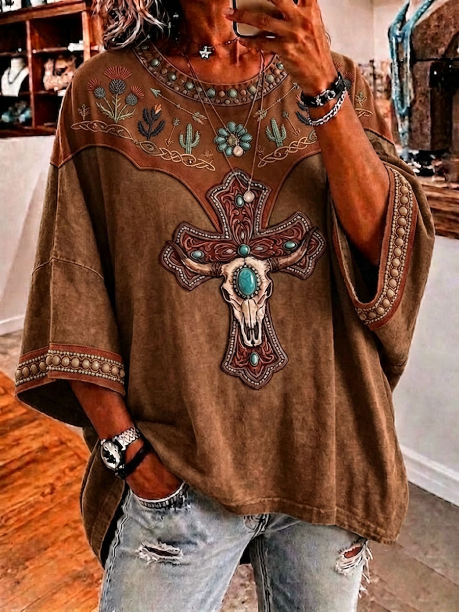 Ladies' Retro Western Style Cross Faith Loose Top
