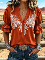 Women's Vintage Art Print Puff Sleeve Casual Shirt