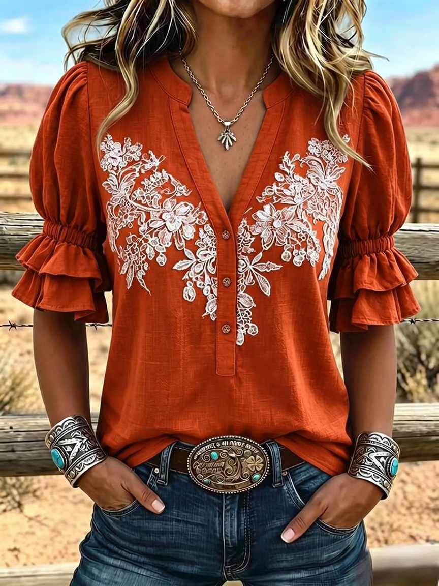 Women's Vintage Art Print Puff Sleeve Casual Shirt