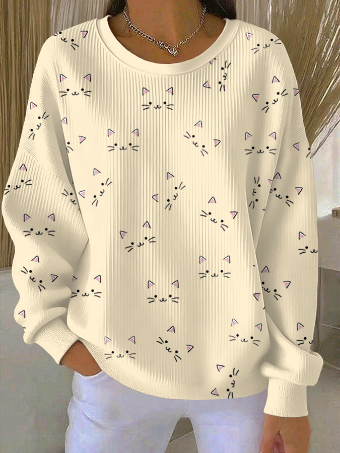 Women'S Cat Print Casual Texture Sweatshirt