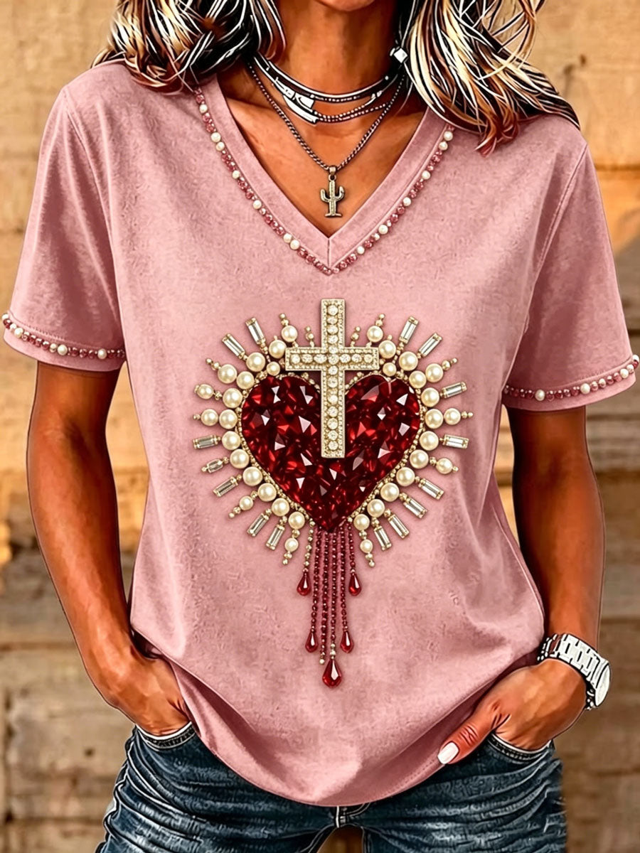 Women's Christian Cross Bead Embroidery Art T-Shirt