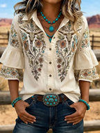 Women's Western Bull Skull Embroidered Ruffle Sleeve Shirt