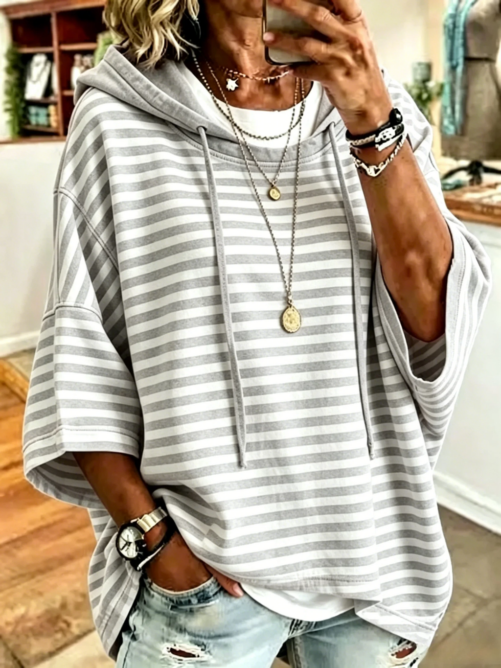 Women's Casual Loose Casual Striped Hooded Sweatshirt