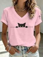 Women'S Cat Printed V-Neck T-Shirt