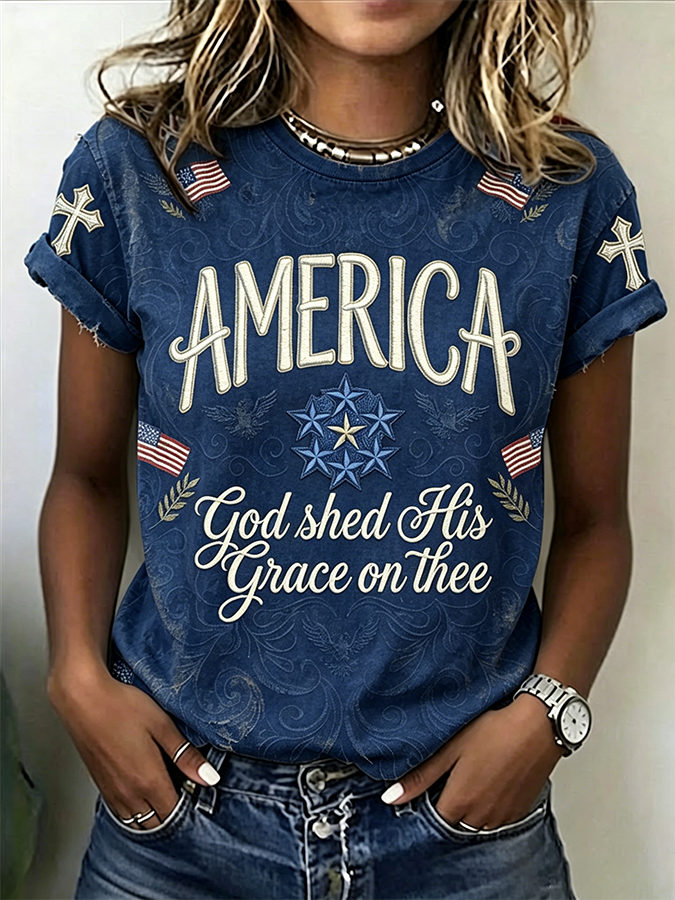 Women's Retro Texture Religious Beliefs USA 250th Anniversary Printed T-shirt
