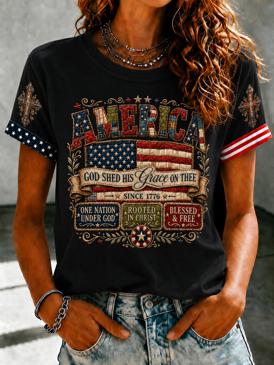 Women'S Retro American Flag Combined With Faith Printed T-Shirt