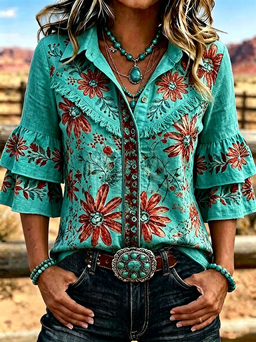 Women's Vintage Floral Print Casual Ruffle Lapel Shirt