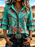Women's Vintage Floral Print Casual Ruffle Lapel Shirt