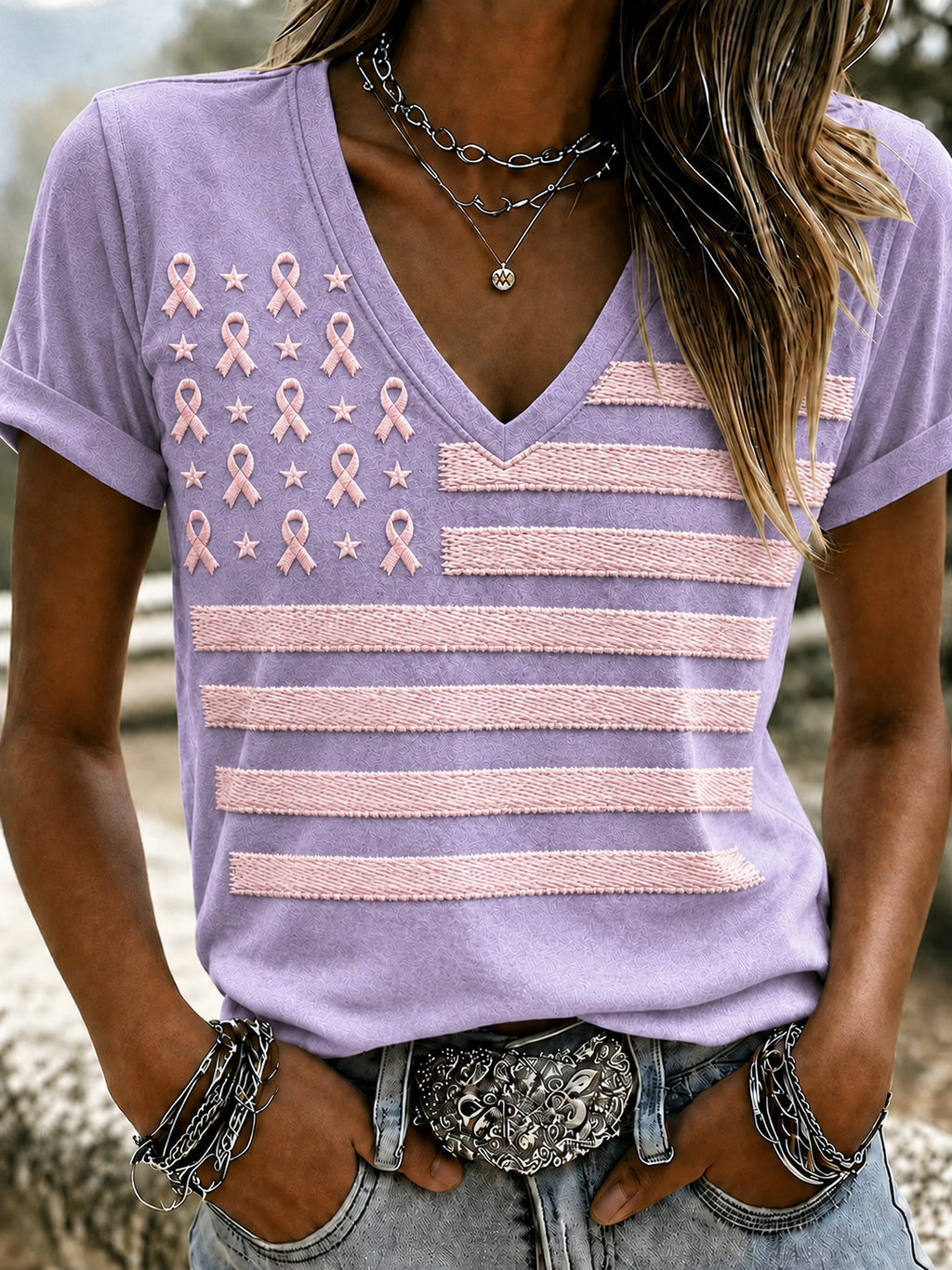 Women'S Flag Breast Cancer Awareness Print Short Sleeve T-Shirt