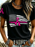 Women's Pink Breast Cancer Awareness Ribbon Distressed American Flag  Printed Casual T-Shirt