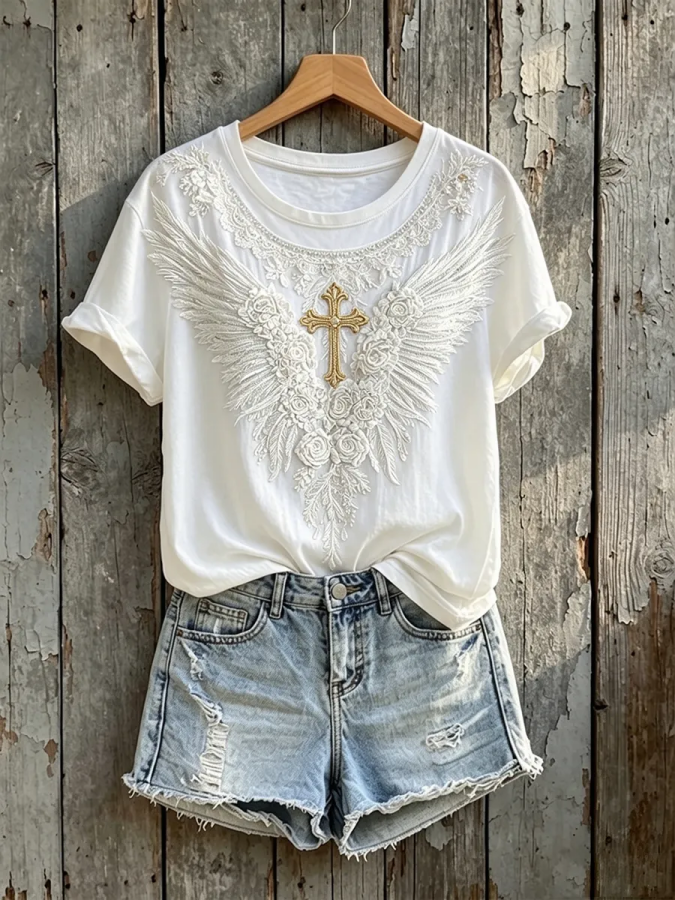Women's Vintage Floral Wings Cross Print Short-sleeved T-shirt