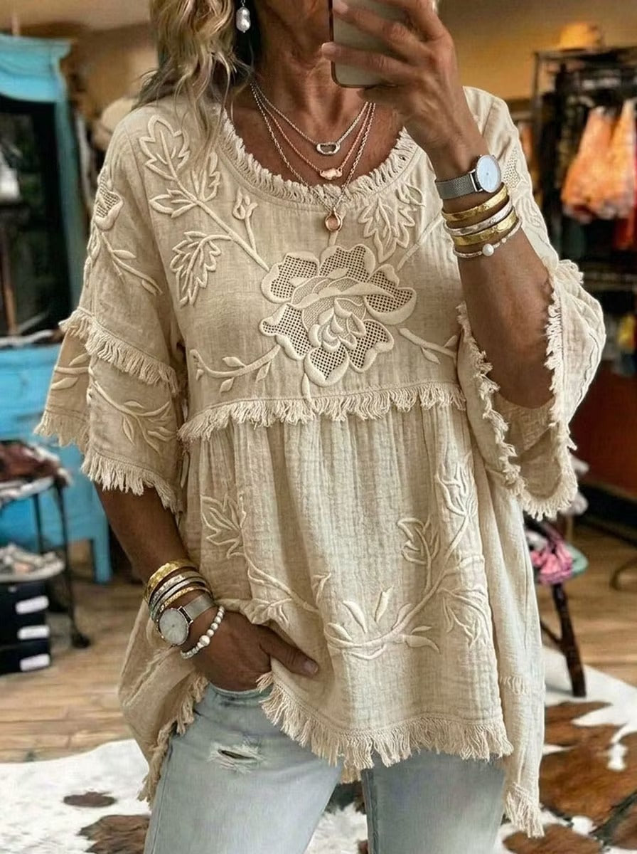 Women'S Retro Western Floral Art Cotton Linen Shirt