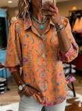 Women's Retro Floral Casual Puff Sleeve Denim Shirt