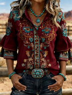 Women's Western Floral Embroidered Denim Bell Sleeve Shirt