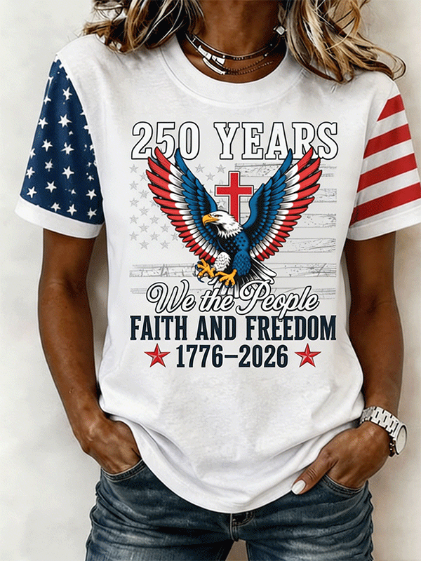 Women's 250 Years We The People Faith Freedom Eagle Cross Star Stripe Color Block Short Sleeve Casual T-Shirt