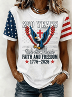 Women's 250 Years We The People Faith Freedom Eagle Cross Star Stripe Color Block Short Sleeve Casual T-Shirt