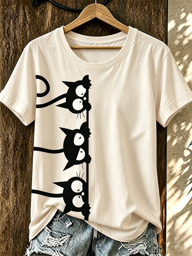 Women'S Fun Three Little Cat Printed Casual Round Neck T-Shirt