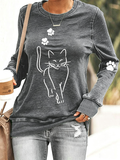 Women'S Fun Simple Drawn Cat Round Neck Long Sleeved Casual Sportswear