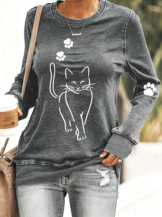 Women'S Fun Simple Drawn Cat Round Neck Long Sleeved Casual Sportswear