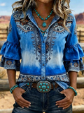 Women's Western Aztec Print Ombre Bell Sleeve Blouse
