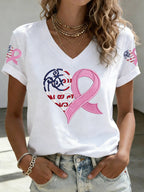 Women's American Flag Pink Ribbon Embroidered Casual T-shirt