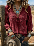Women's Floral Embroidered Lace-Up Western Blouse