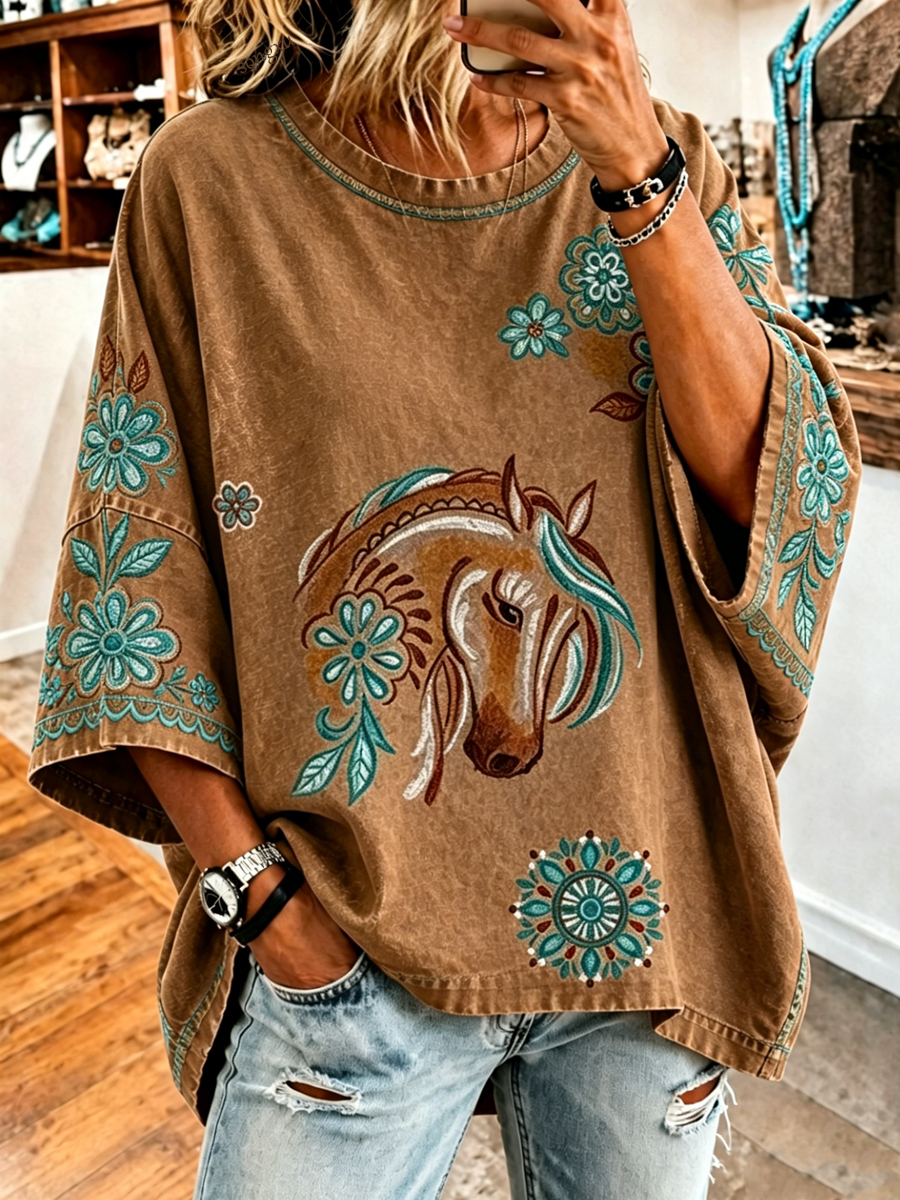 Women'S Retro Western Style Printed Loose Top