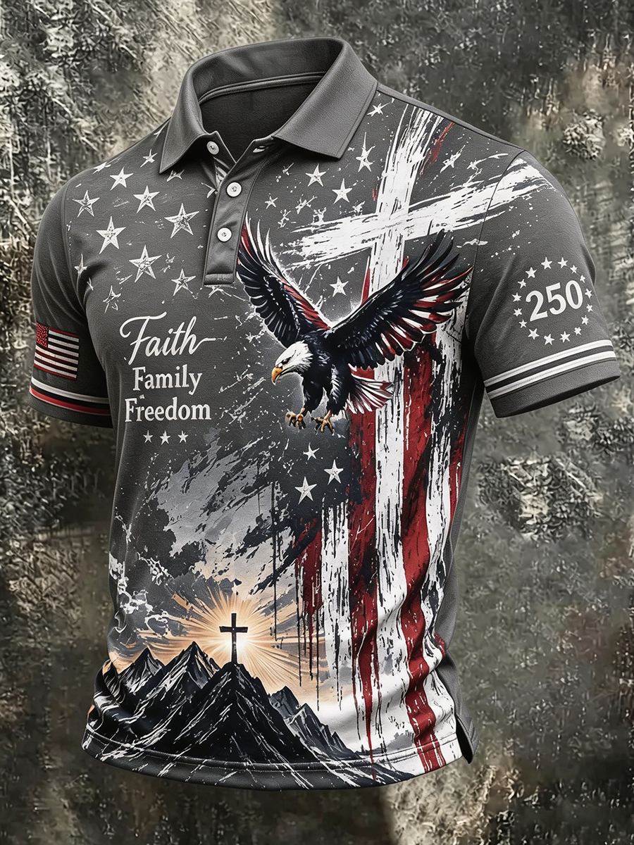 Men's Faith Family Freedom American Flag Eagle Cross Polo Shirt