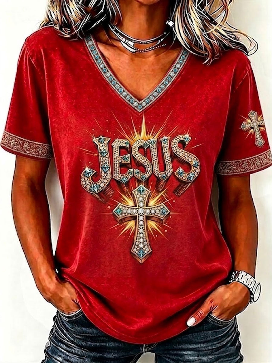 Ladies' Faith Cross Pattern V-Neck Top