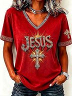 Ladies' Faith Cross Pattern V-Neck Top