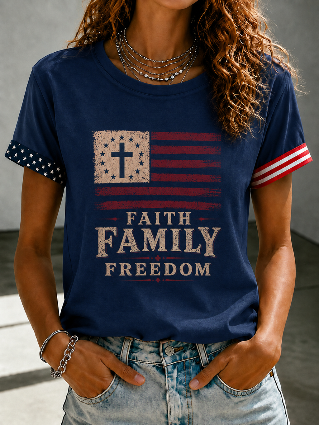 Women'S Casual Faith Family Freedom Cross Printed T-Shirt