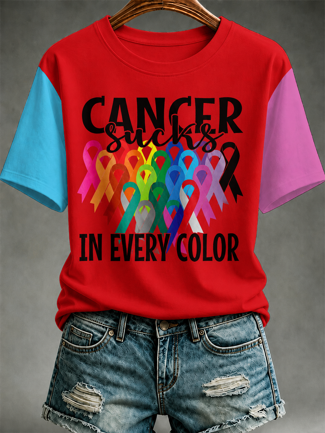 Women All Cancer Ribbons Awareness T-Shirt Cancer Sucks Print
