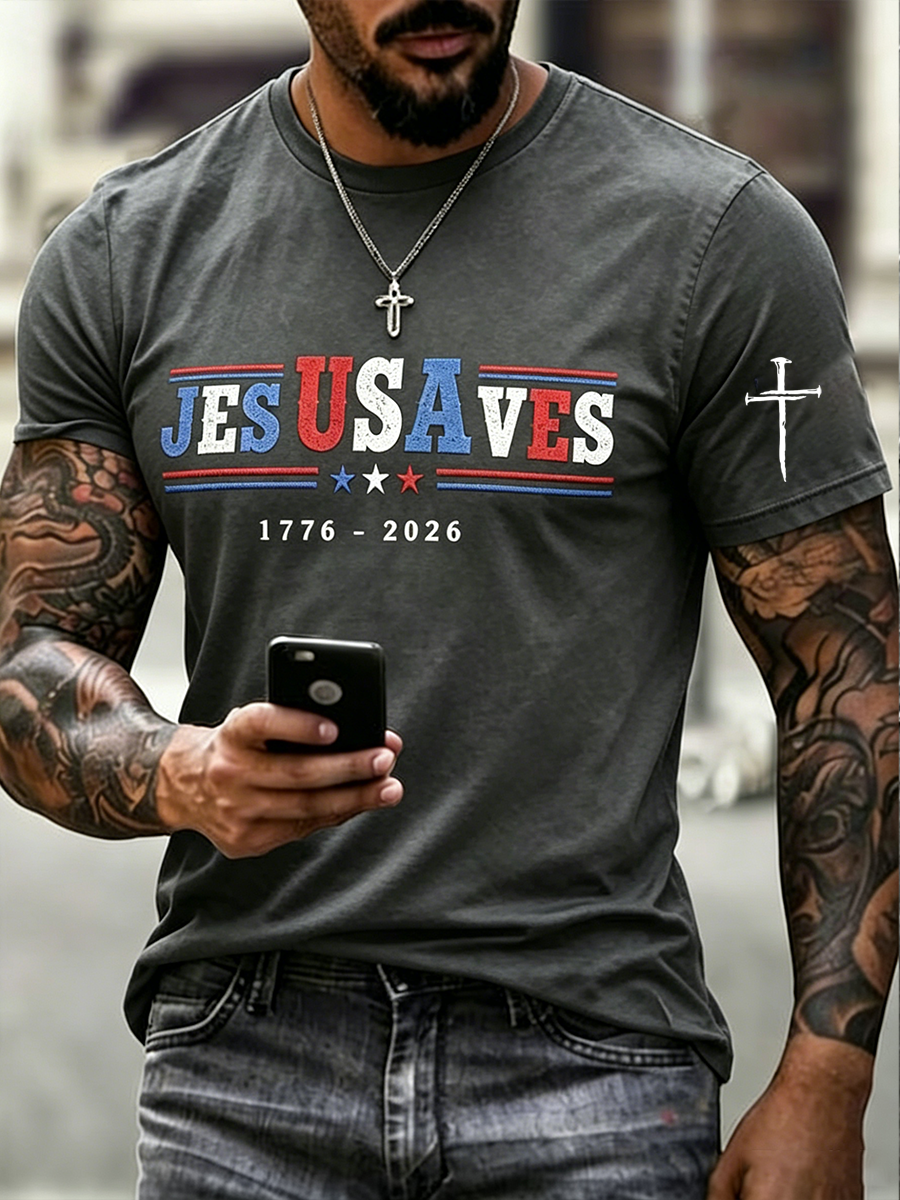 Men's Casual American Combined With Jesus Letter Short Sleeved T-Shirt