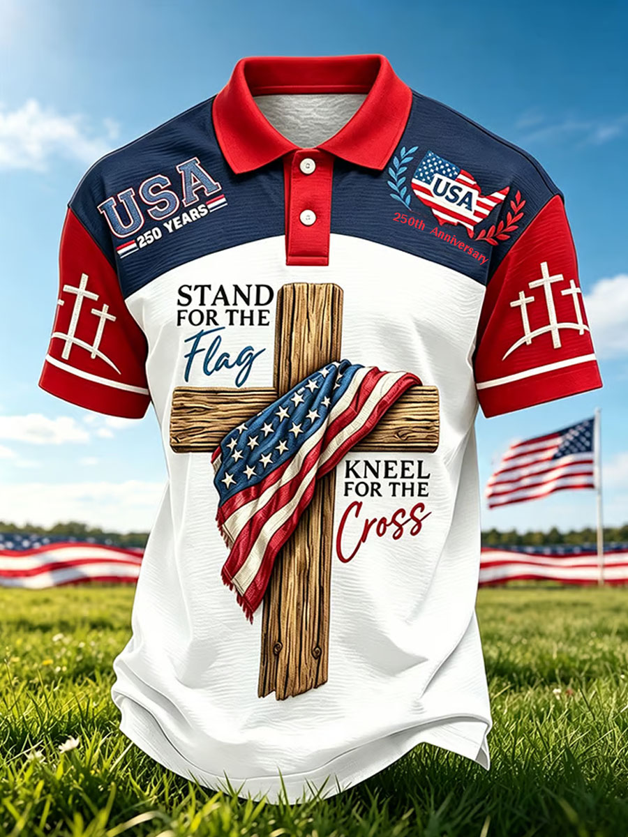 Men's America's 250th Anniversary Stand For The Flag Kneel For The Cross Faith Christian Cross Print POLO Shirt