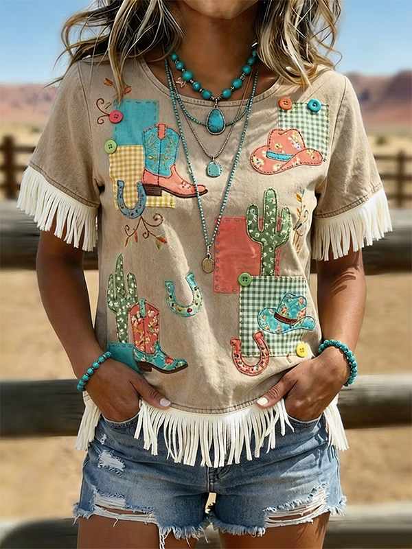 Vintage Western Art Print Tassel Patchwork T-Shirt