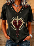 Women's Christian Cross Bead Embroidery Art T-Shirt