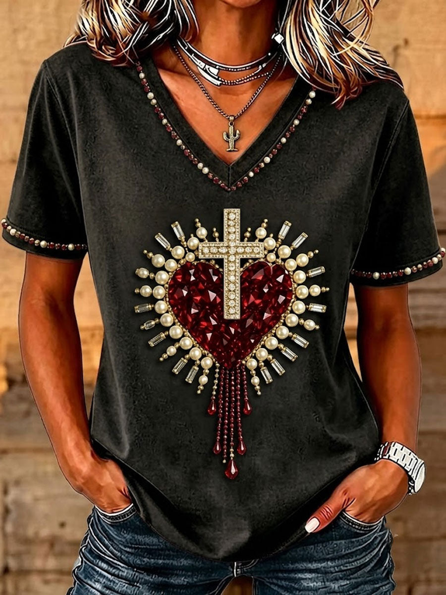 Women's Christian Cross Bead Embroidery Art T-Shirt