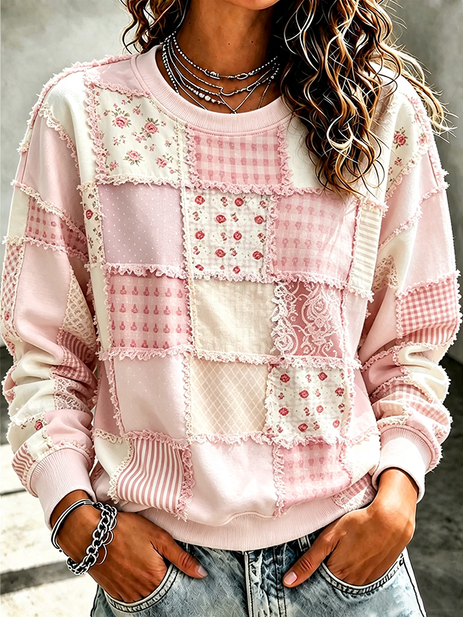 Women'S Floral Patchwork Contrasting Round Neck Top