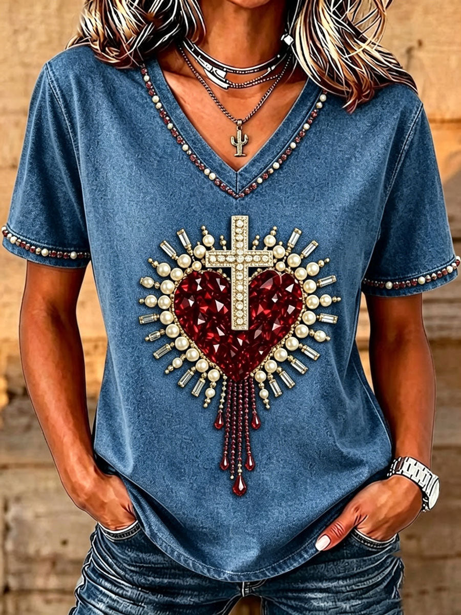 Women's Christian Cross Bead Embroidery Art T-Shirt