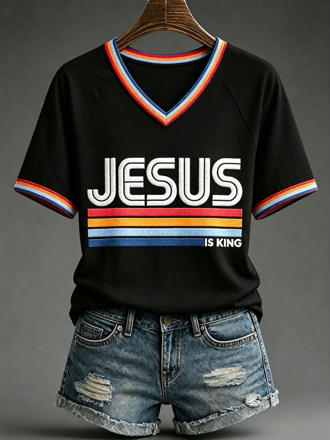 Women'S 'Jesus Is King' Christian V-Neck T-Shirts