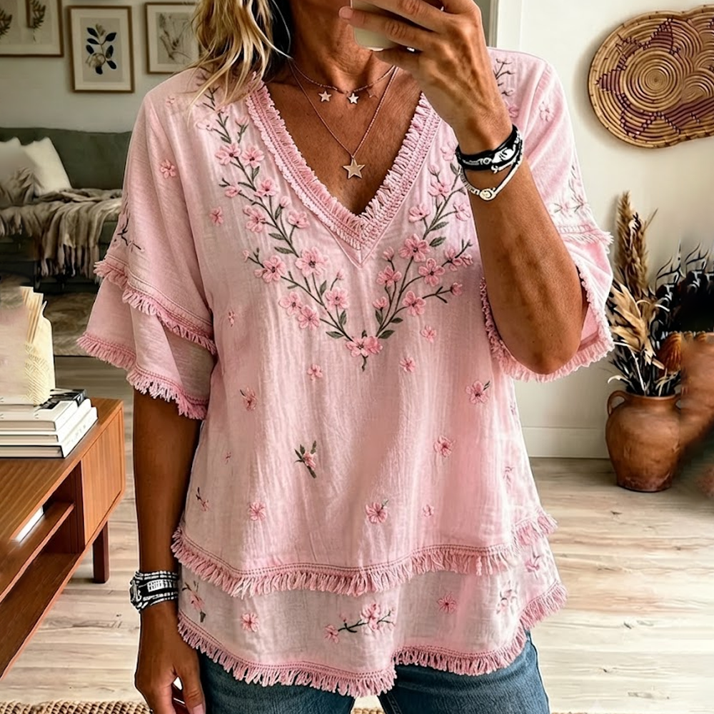 Women'S Pink Cotton Linen Flower Print Casual Tassel Shirt