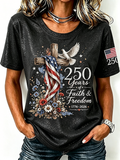 American Flag Cross Jesus Sequin Print Round Neck Top
