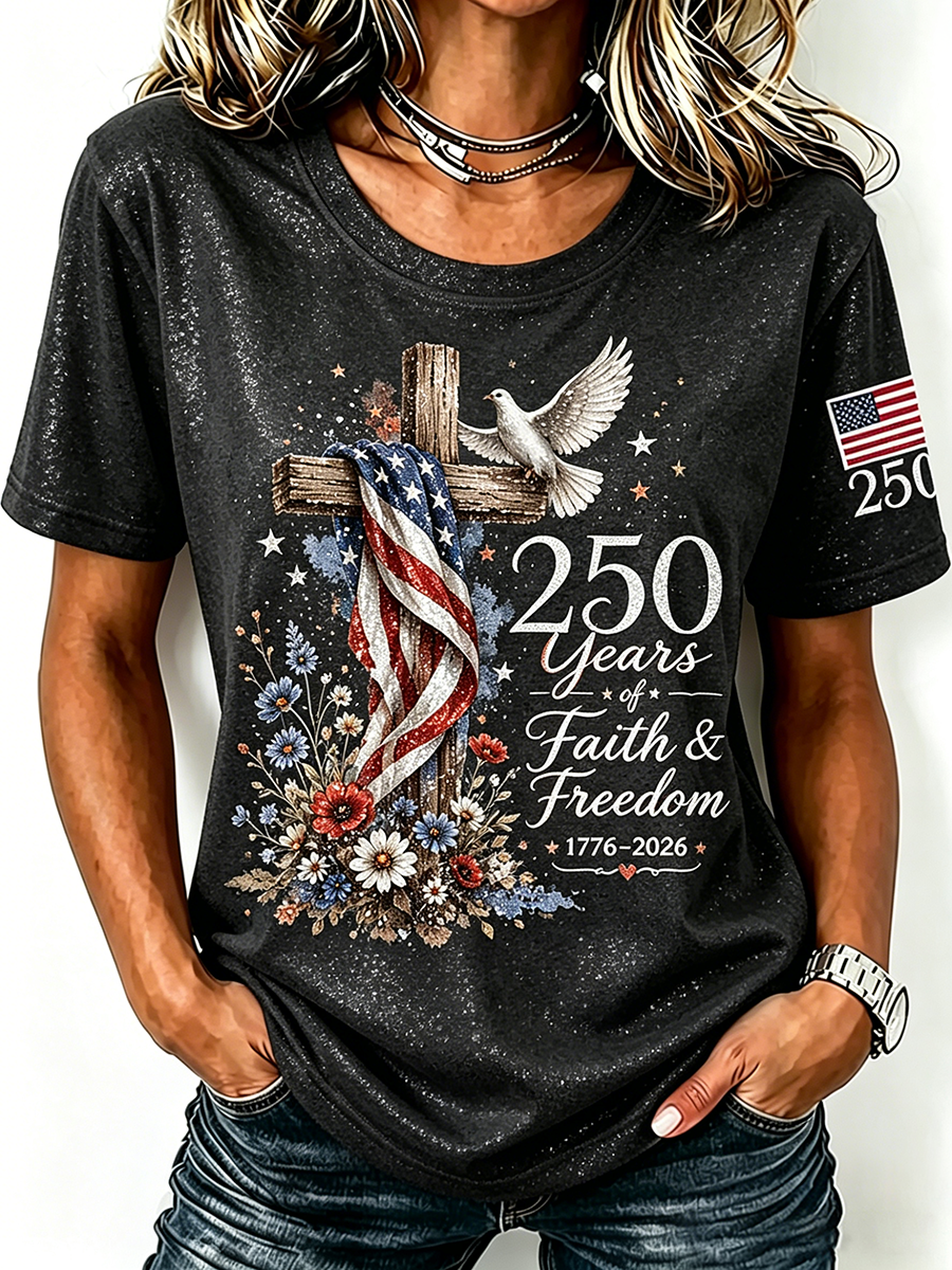 American Flag Cross Jesus Sequin Print Round Neck Top
