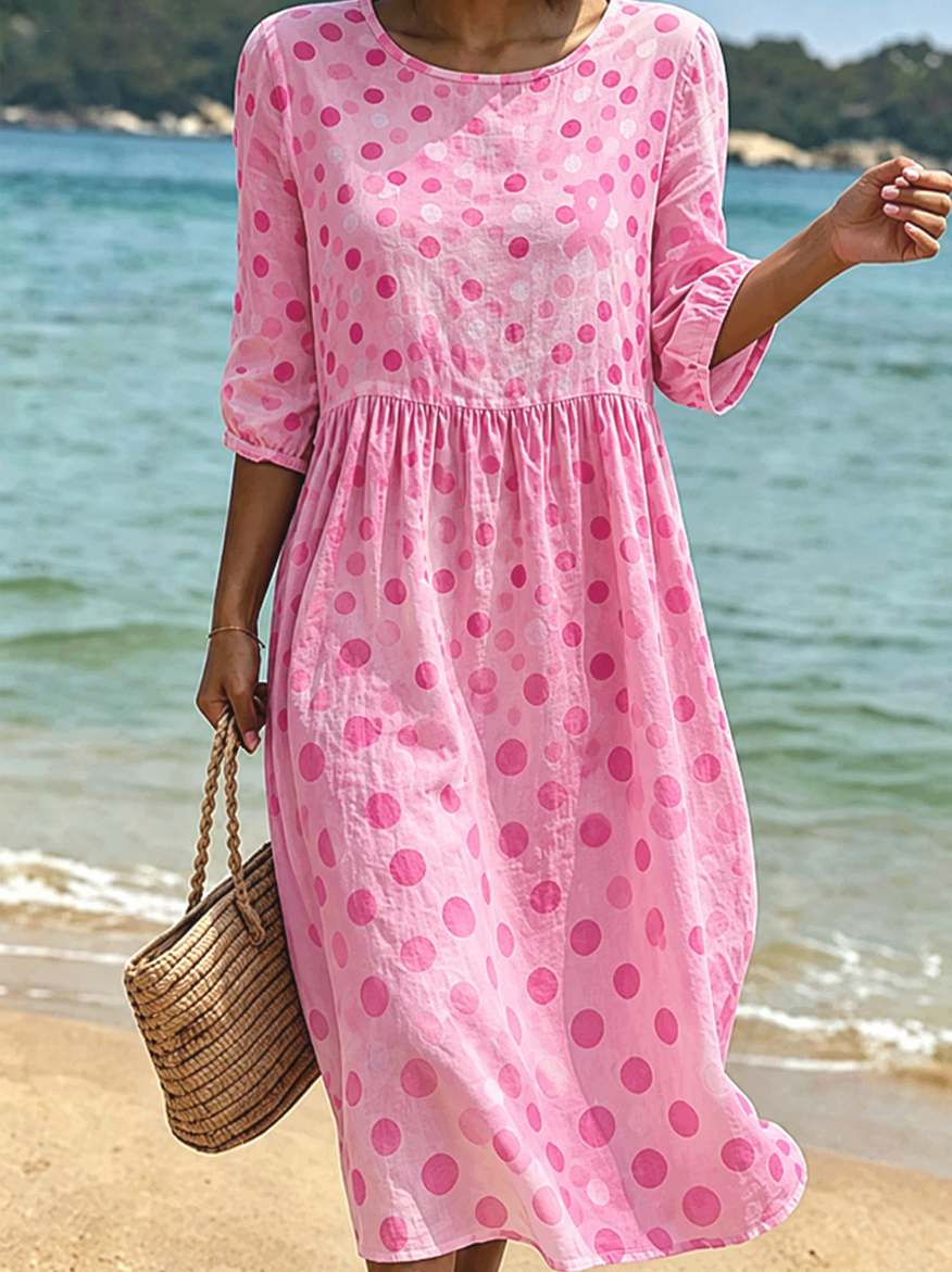 Women's Pink Polka Dot Ribbon Print Long Dress