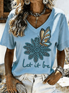 Women's Teal Butterfly 'Let It Be' V-Neck T-Shirt