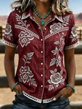 Women's Burgundy Rose Embroidered Lace Trim Western Denim Shirt