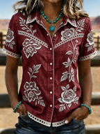 Women's Burgundy Rose Embroidered Lace Trim Western Denim Shirt