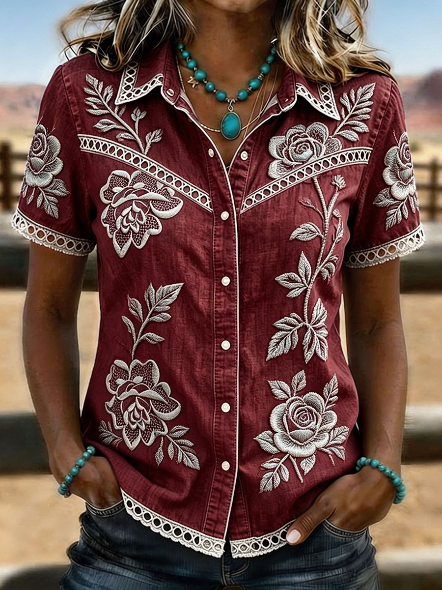 Women's Burgundy Rose Embroidered Lace Trim Western Denim Shirt
